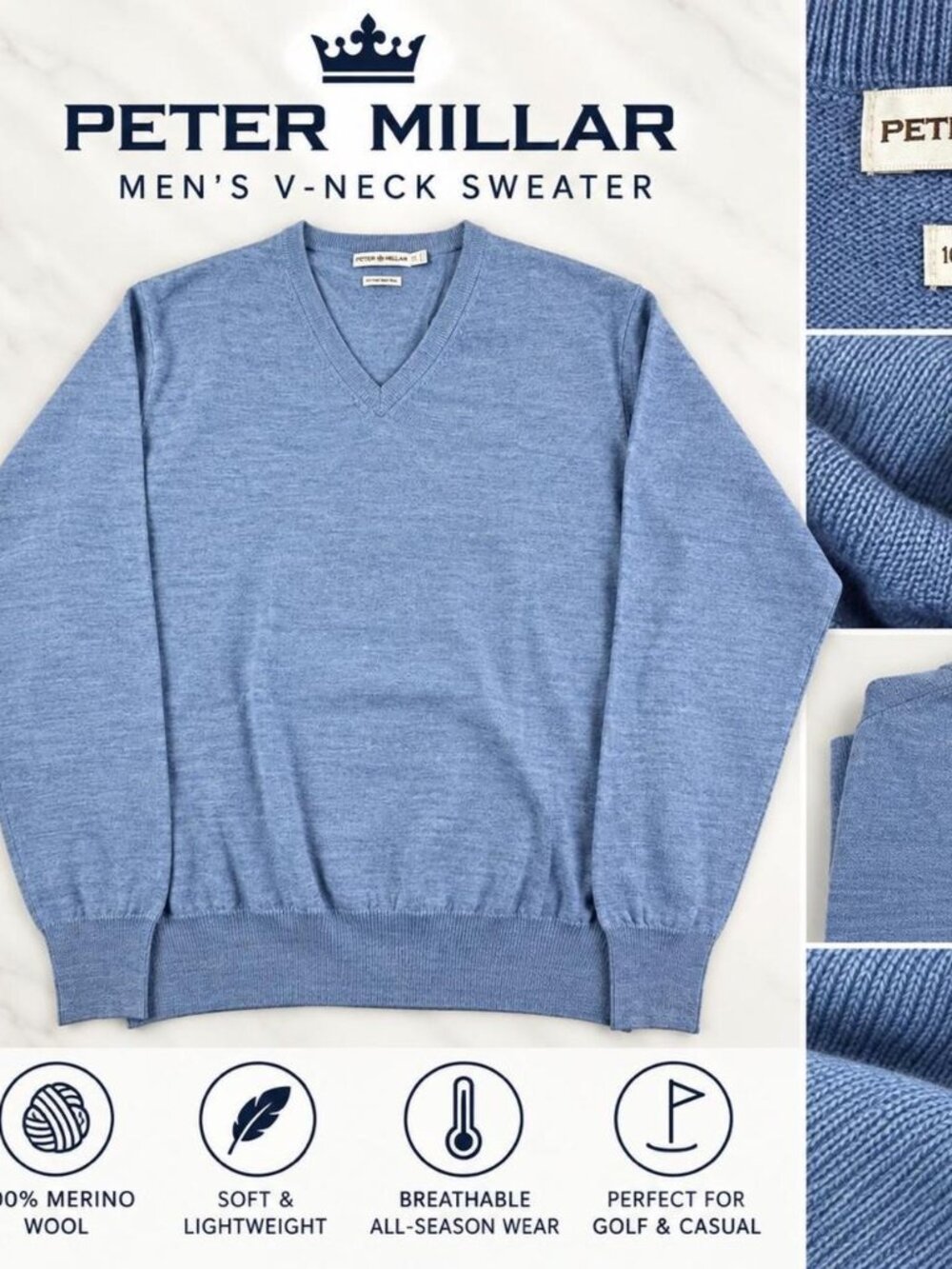 Peter Millar V Neck Sweater 100% Merino Wool Blue Size Extra Large
